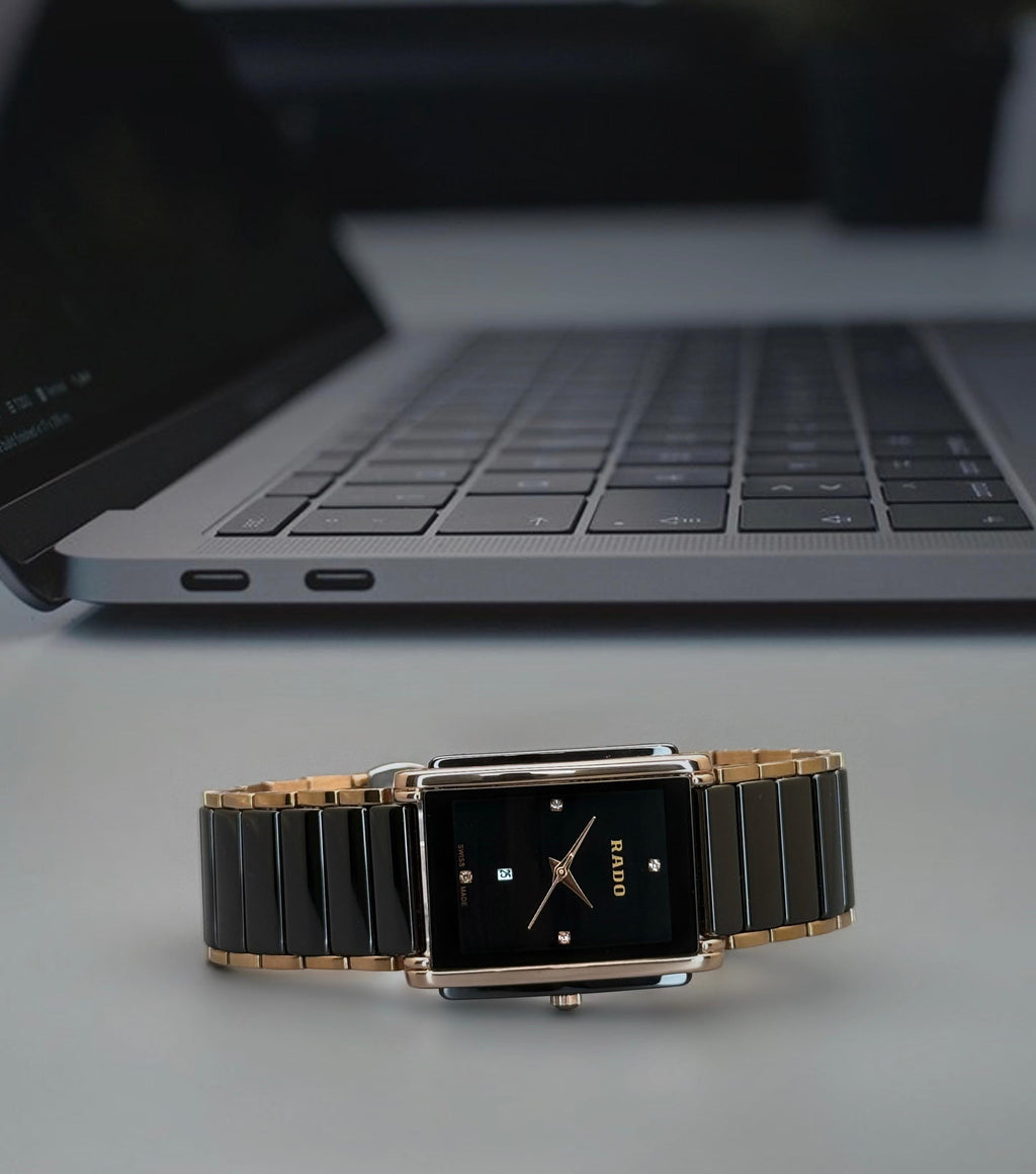 Ceramic Two-Tone Rectangular Watch | Black Dial with Diamond Markers