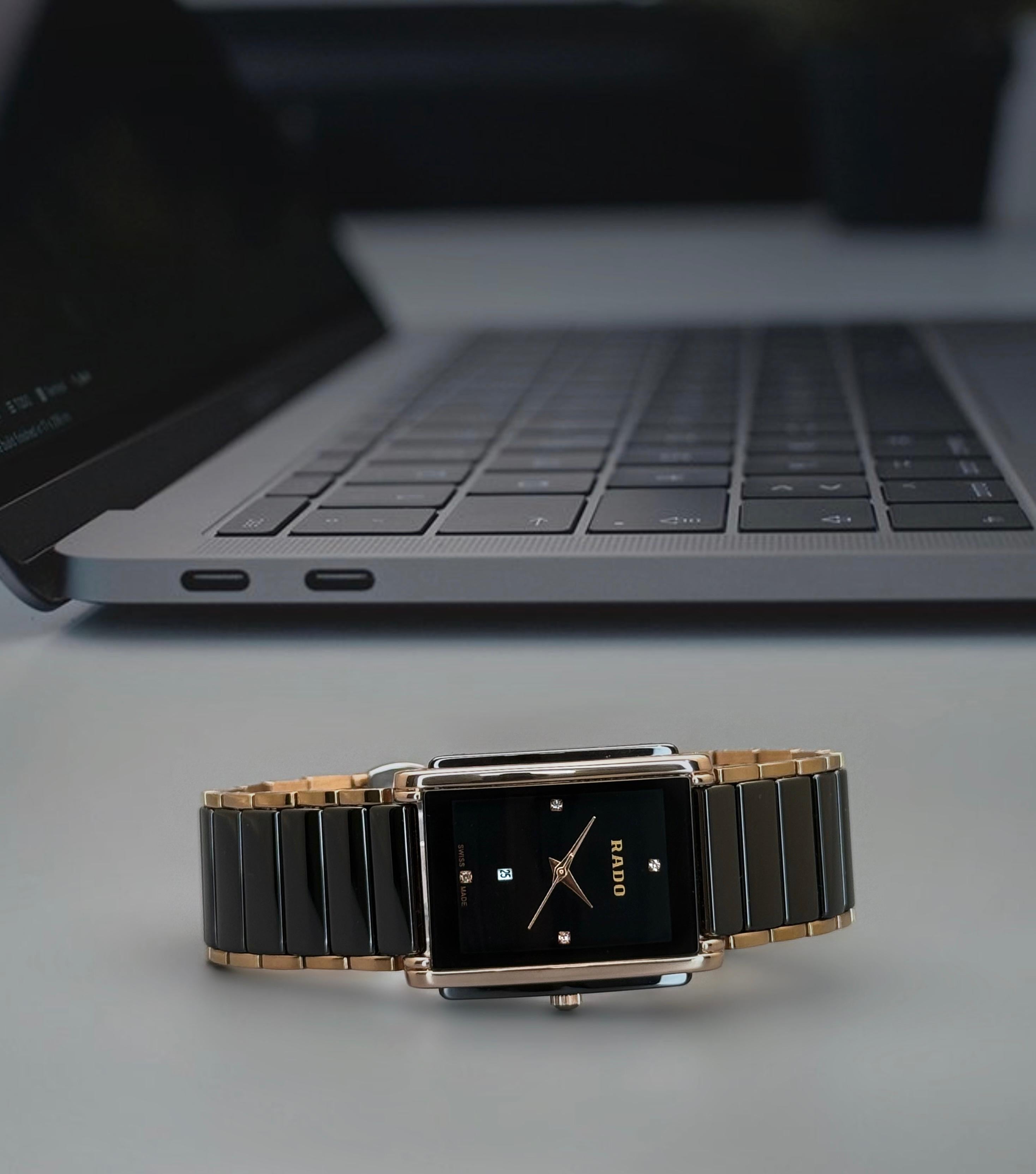 Ceramic Two-Tone Rectangular Watch | Black Dial with Diamond Markers