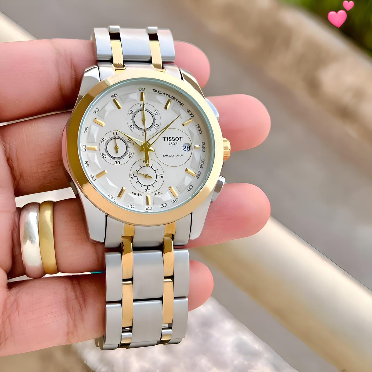 Two-Tone Chronograph Watch for Men - Silver & Gold Stainless Steel Bracelet, White Dial, Tachymetre, Date Display