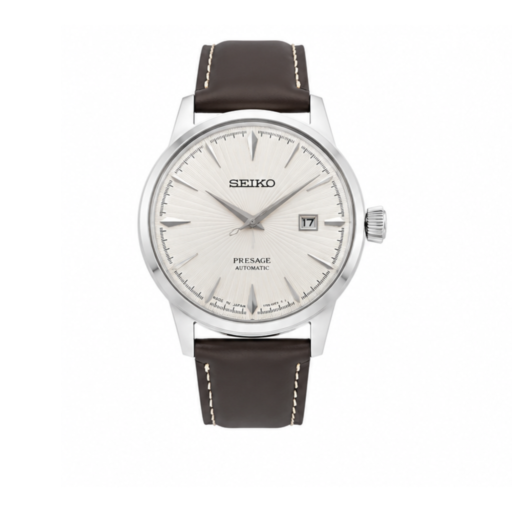 Automatic Watch – White Dial, Silver Case & Brown Leather Strap