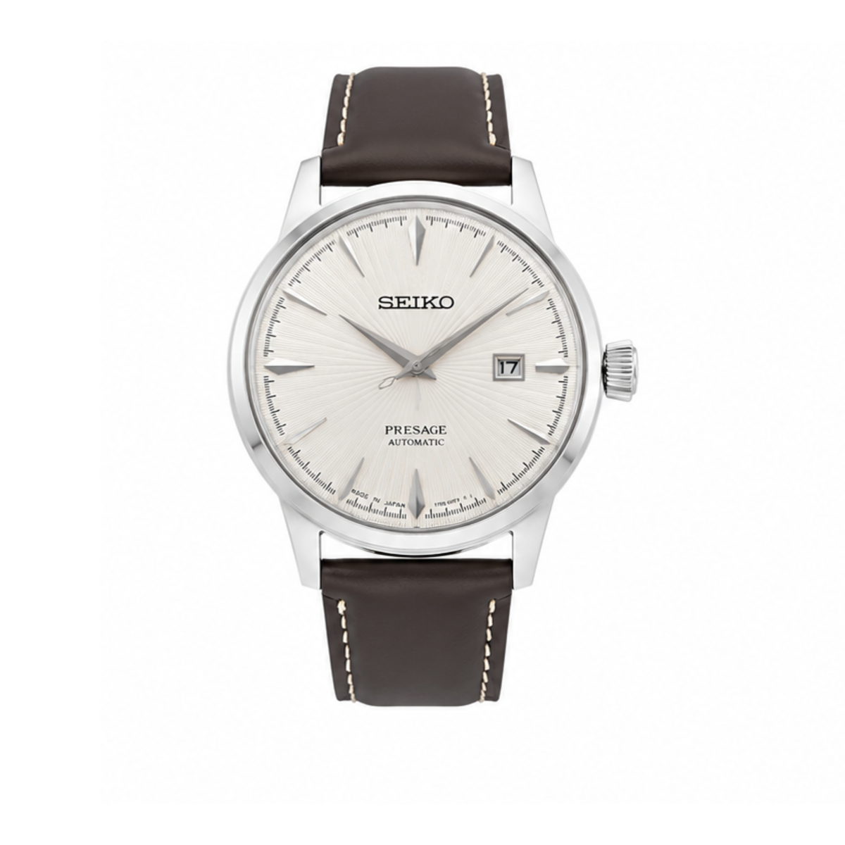 Automatic Watch – White Dial, Silver Case & Brown Leather Strap