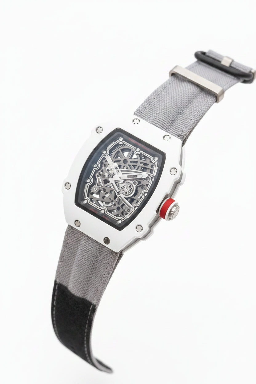 Luxury White Skeleton Dial Tonneau Men's Watch with Canvas Strap