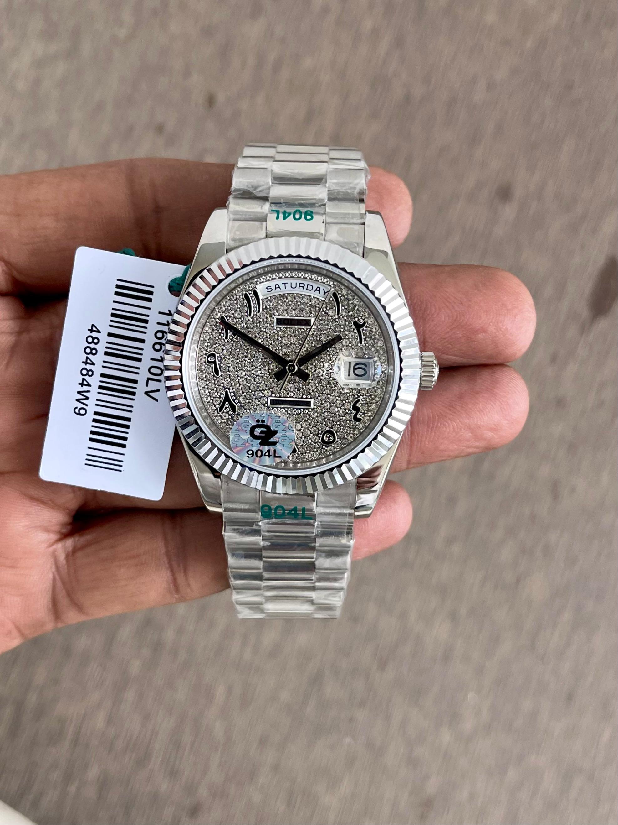 Silver Diamond Dial Day-Date Watch with Stainless Steel | Full Iced Out Look