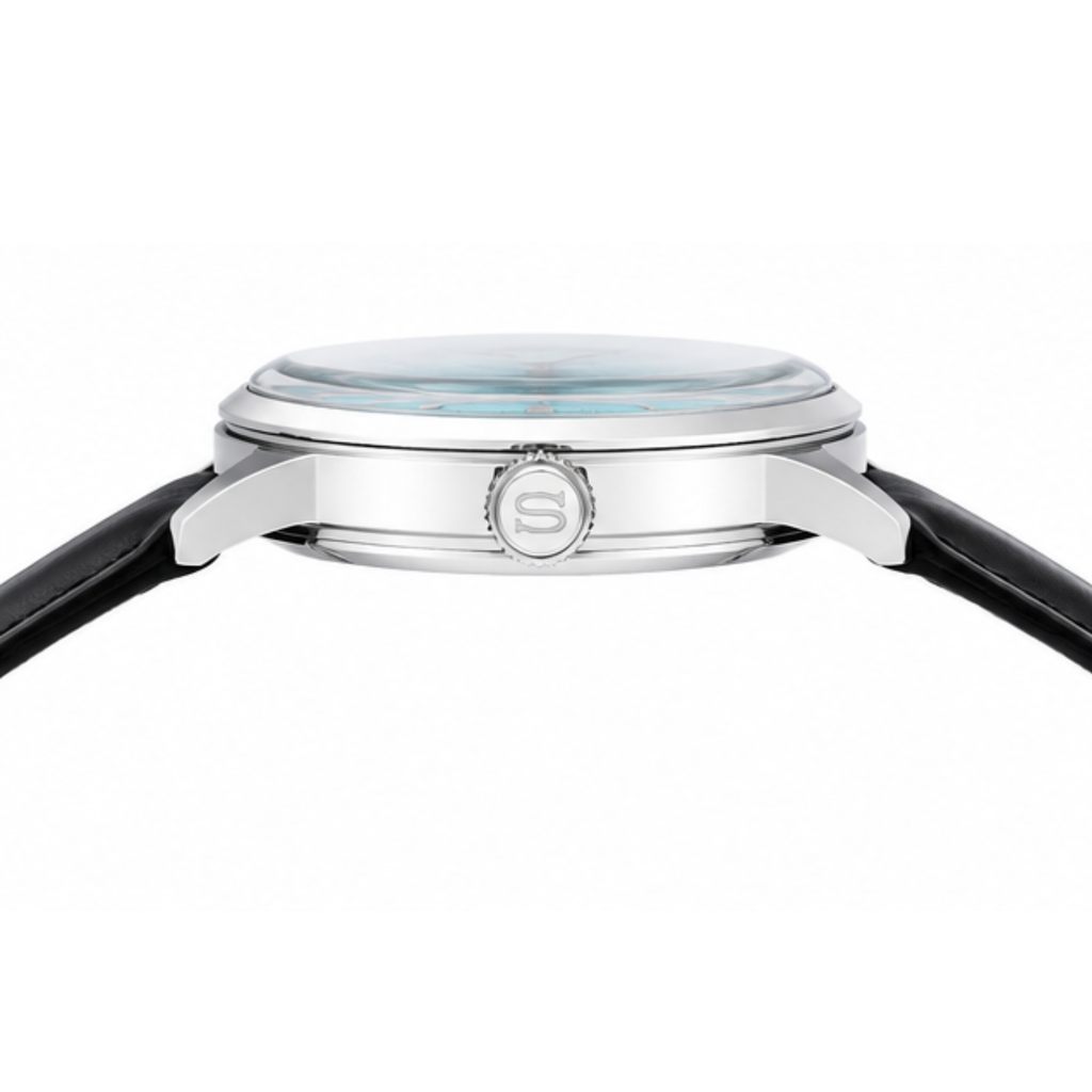Automatic Watch – Sky Blue Dial, Silver Case & Black Leather Strap