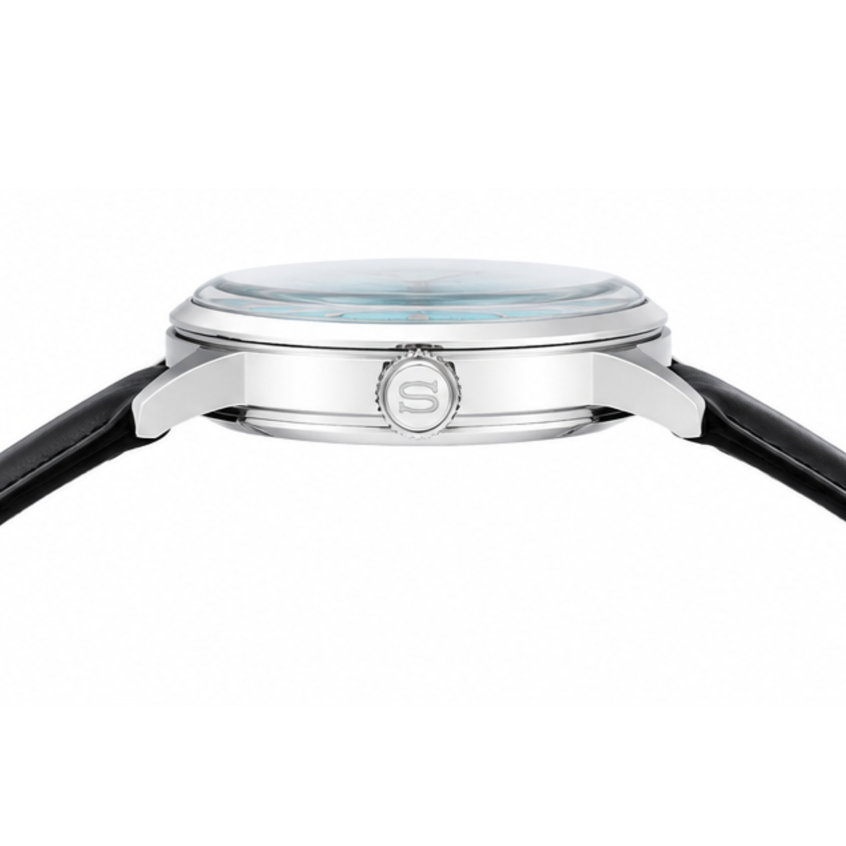 Automatic Watch – Sky Blue Dial, Silver Case & Black Leather Strap