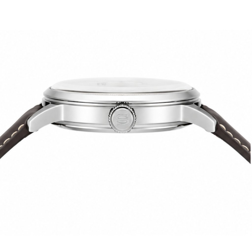 Automatic Watch – White Dial, Silver Case & Brown Leather Strap