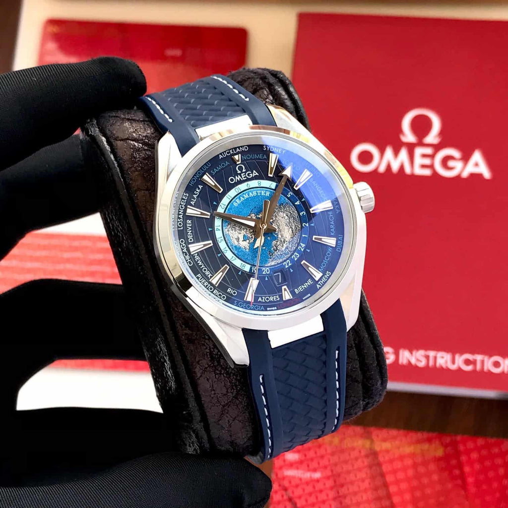 Luxury Men’s Blue World Time Analog Automatic Watch – Stainless Steel Case with Blue Strap & Globe Dial