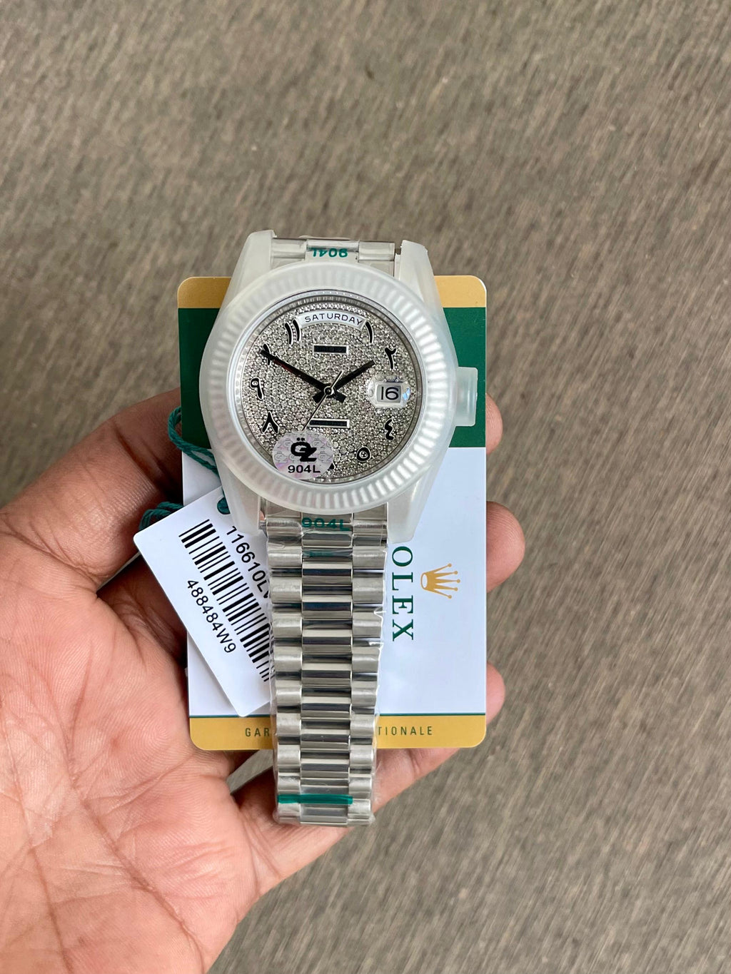 Silver Diamond Dial Day-Date Watch with Stainless Steel | Full Iced Out Look