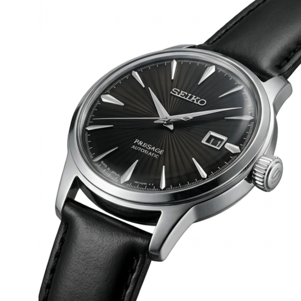 Automatic Watch – Black Dial, Silver Case & Black Leather Strap