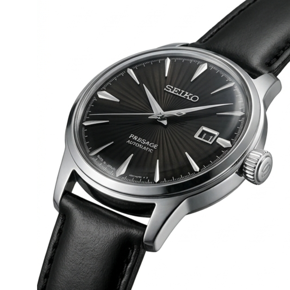 Automatic Watch – Black Dial, Silver Case & Black Leather Strap