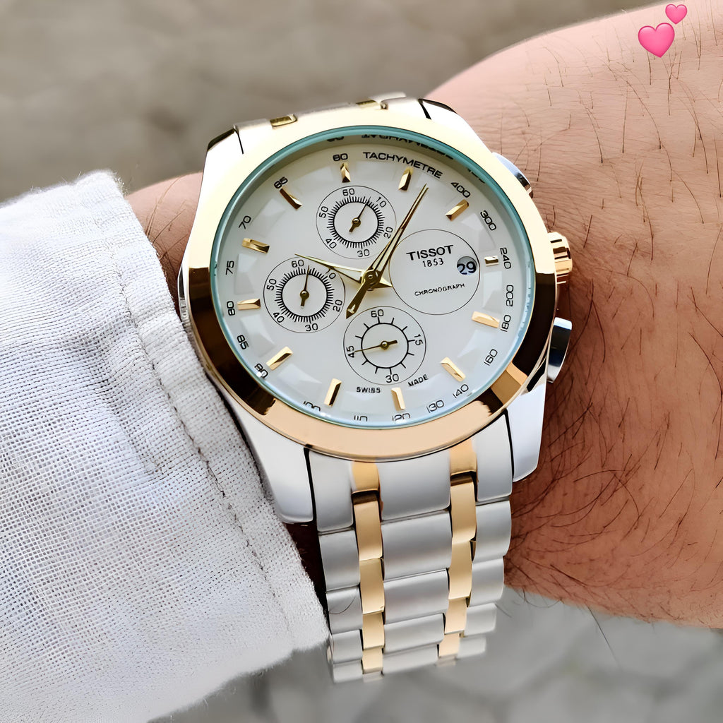 Two-Tone Chronograph Watch for Men - Silver & Gold Stainless Steel Bracelet, White Dial, Tachymetre, Date Display