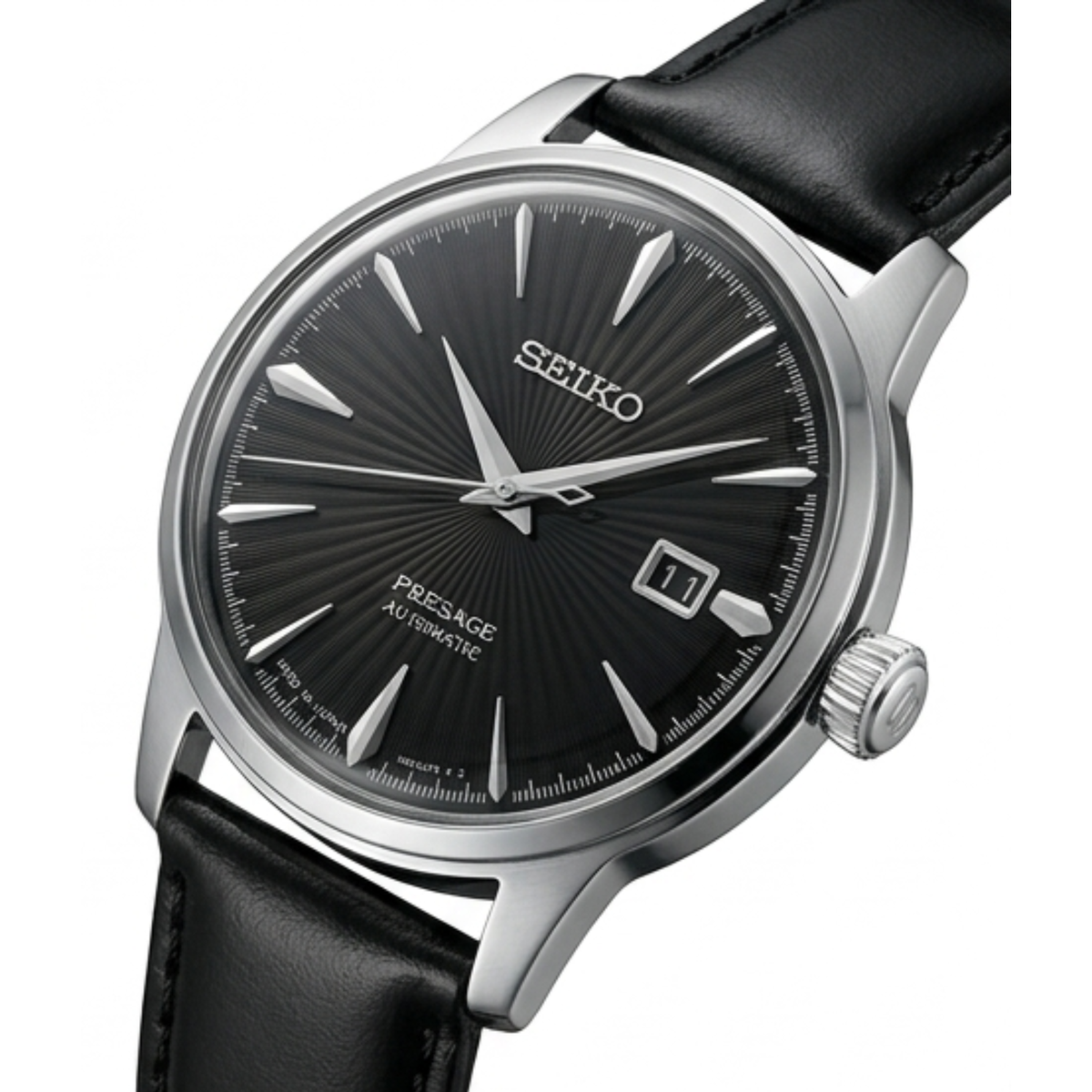 Automatic Watch – Black Dial, Silver Case & Black Leather Strap