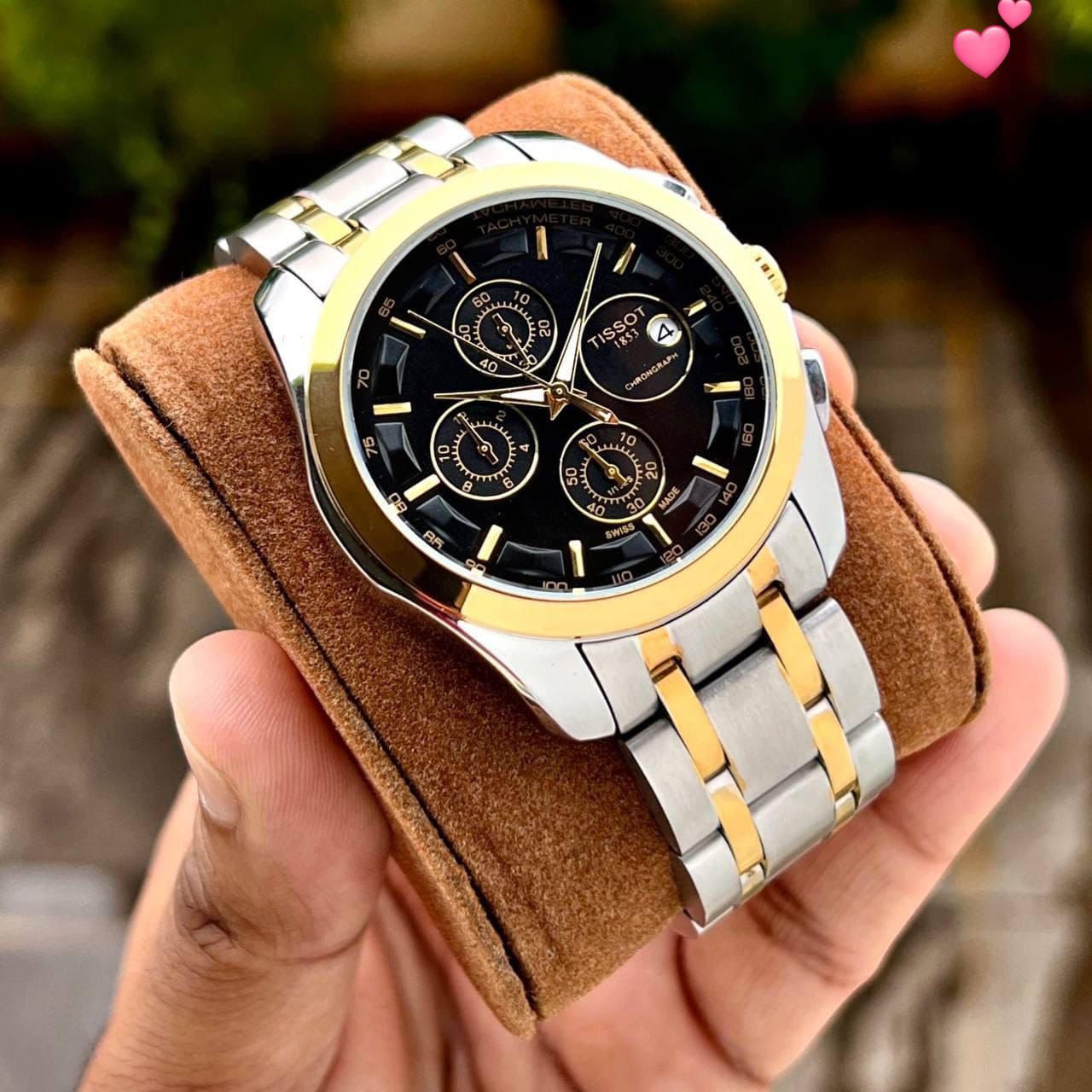 Two-Tone Chronograph Watch for Men - Silver & Gold Stainless Steel Bracelet, White Dial, Tachymetre, Date Display