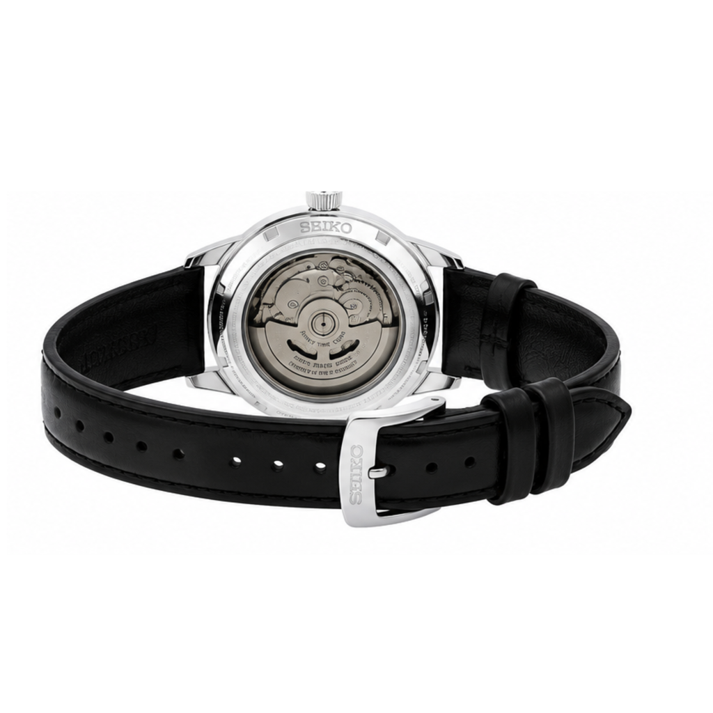 Automatic Watch – Black Dial, Silver Case & Black Leather Strap