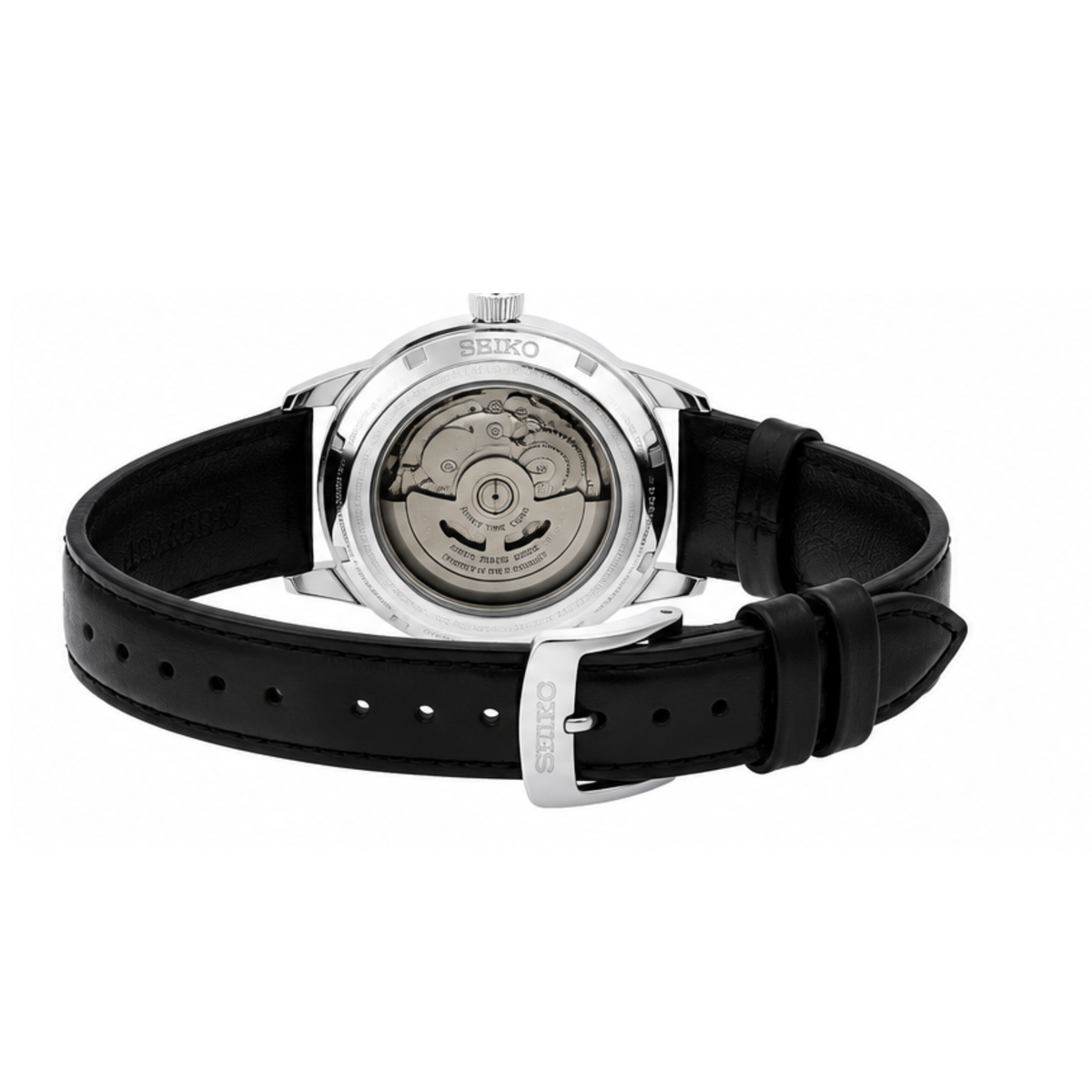 Automatic Watch – Black Dial, Silver Case & Black Leather Strap