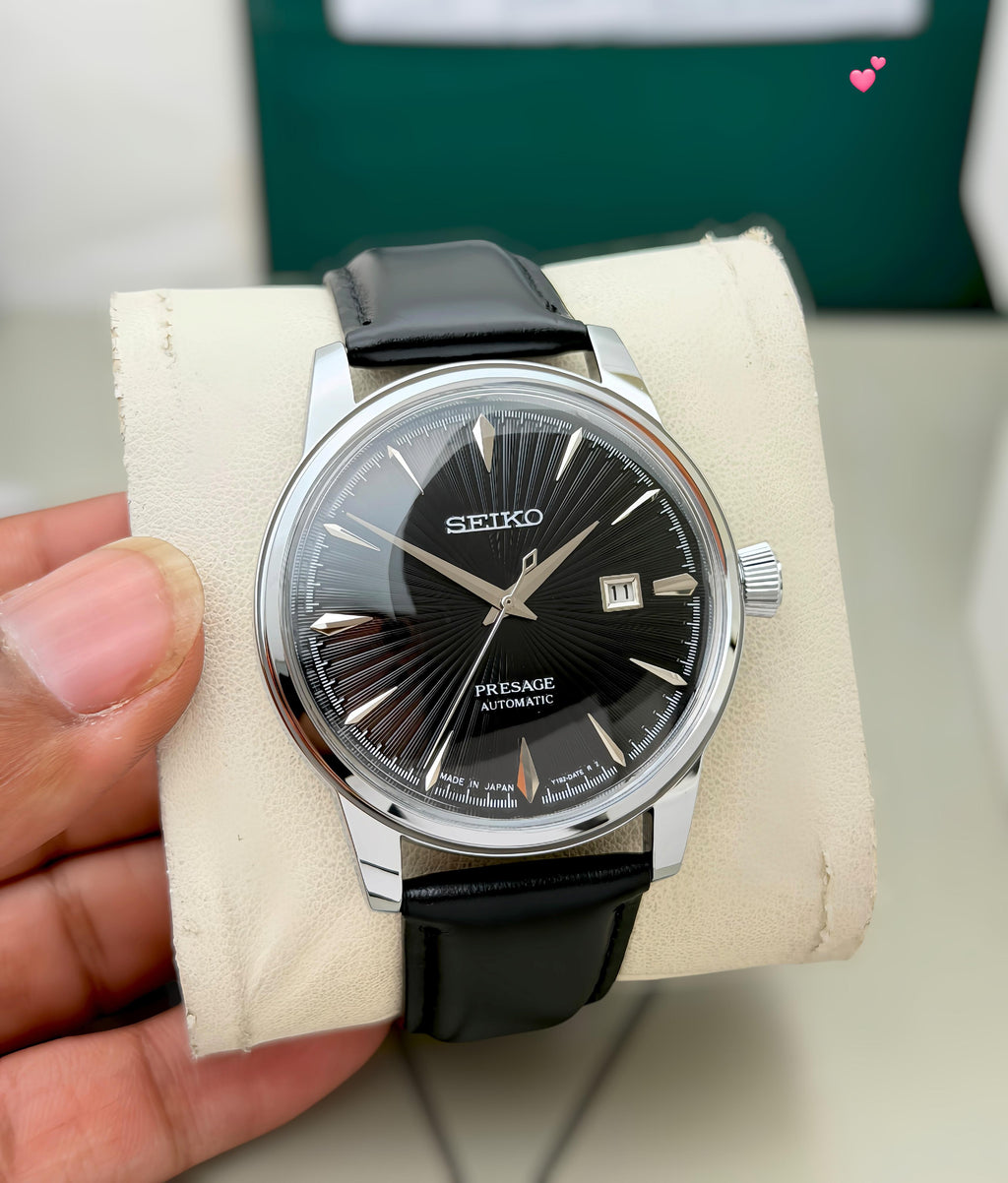Automatic Watch – Black Dial, Silver Case & Black Leather Strap
