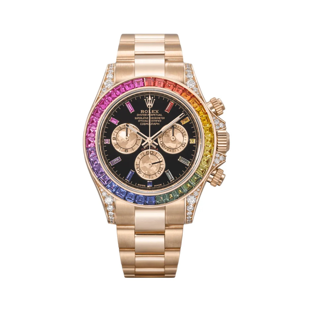 Luxury Rainbow Bezel Gold Men's Chronograph Style Watch with Black Dial – Premium Stainless Steel Designer Wrist Watch