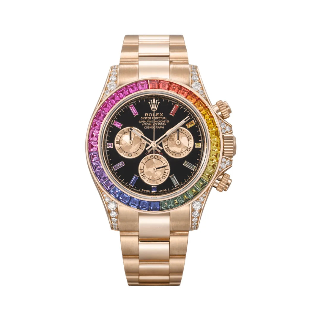 Luxury Rainbow Bezel Gold Men's Chronograph Style Watch with Black Dial – Premium Stainless Steel Designer Wrist Watch